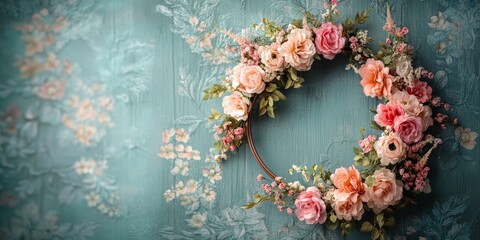 Delicate flower hoop setup with pink blooms on a vintage wall. Keywords include wedding, maternity, photography, and elegance. Ideal for photoshoots and event decorations.