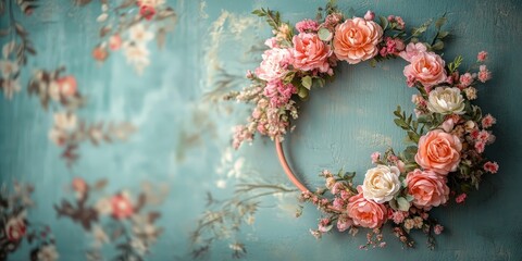 Delicate flower hoop setup with pink blooms on a vintage wall. Keywords include wedding, maternity, photography, and elegance. Ideal for photoshoots and event decorations.