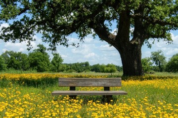 Naklejka premium Bench in a field of yellow flowers under a lush oak tree on a sunny day