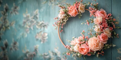 Delicate flower hoop setup with pink blooms on a vintage wall. Keywords include wedding, maternity, photography, and elegance. Ideal for photoshoots and event decorations.