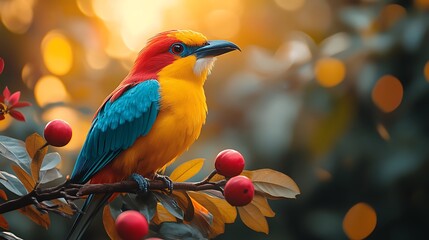 Vibrant Colorful Bird Perched on Branch with Red Berries