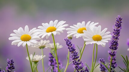 Fototapeta premium Fresh Daisies and Lavender Flowers in Nature's Vibrant Garden Scene