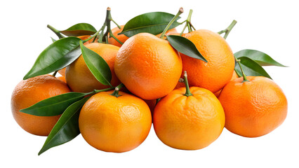 A Bunch of Orange  With Green Leaves on Transparent background  - A pile of fresh, vibrant oranges with glossy skin and green leaves, displayed on a white background for a clean look.
