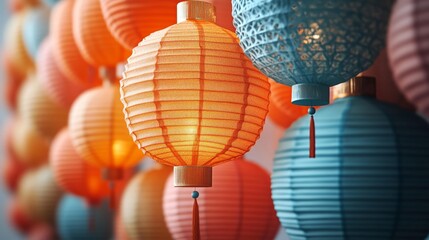 Chinese paper lanterns with festive glow. Generative AI