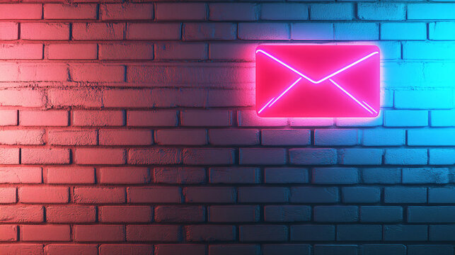 Glowing red envelope icon on an empty brick wall, highlighted by neon lights in blue and pink hues, representing digital minimalism and modern design aesthetics with a focus on the lighting's glowing  - Powered by Adobe