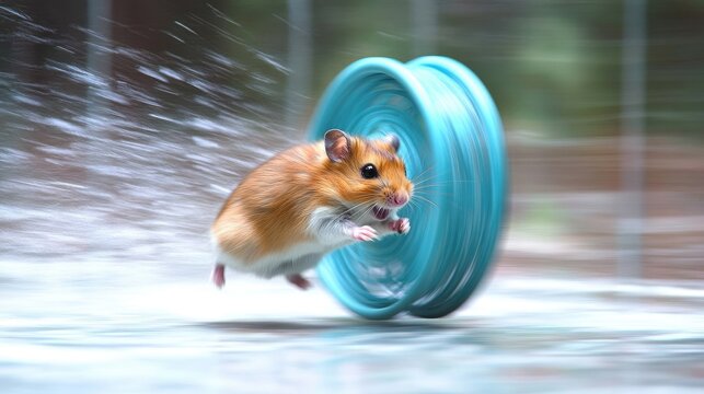 A hamster running energetically in a wheel, showcasing its playful nature and agility.
