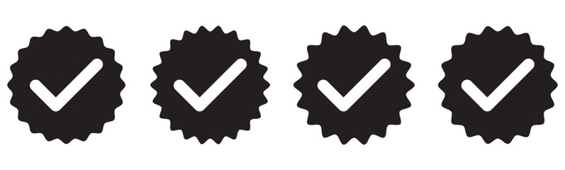 Verified badges. Profile verified badge. Verification symbol set. Verified badge vector icons. Social media account verification icons. Black verify badge icon vector set.