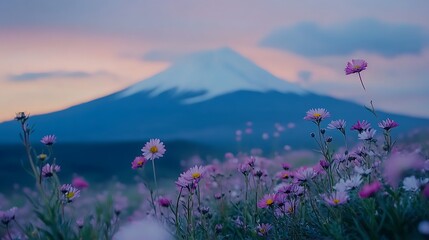 Fototapeta premium Pink Flowers Bloom Before Mount Fuji at Sunset