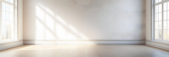 Fototapeta premium Empty white room with white wall, wooden floor and big window. Studio or office blank space. Empty template for interior product. Background for branding design showcase with copy space