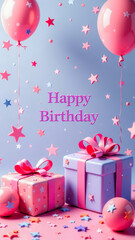 Festive present Birthday Card with Balloons, Gifts, and Stars