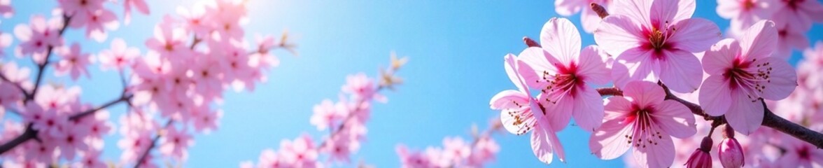 Soft pink petals of redbud tree against clear blue sky, tree,