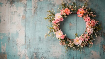 Delicate flower hoop setup with pink blooms on a vintage wall. Keywords include wedding, maternity, photography, and elegance. Ideal for photoshoots and event decorations.