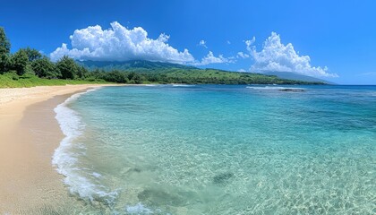 Tropical Beach Paradise Clear Water Sandy Shore Lush Green Hills