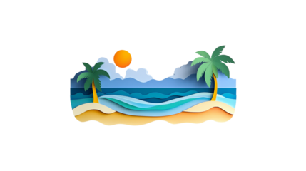 3D paper cut beach scene on white background