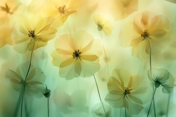 Pale yellow flowers, soft focus, ethereal background.