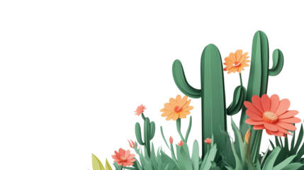 Cactus and flowers isolated on white background in paper cut style.