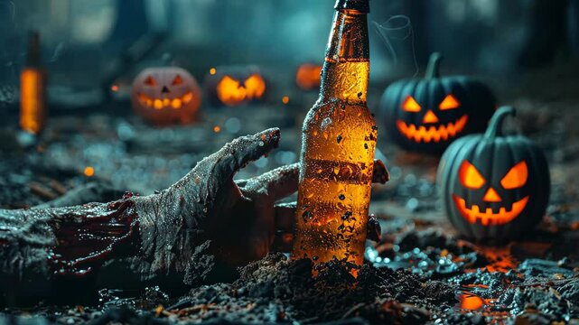 Mysterious hand reaching for a glowing drink among Halloween pumpkins at a spooky forest setting