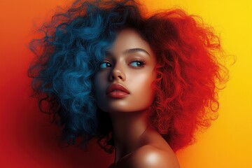 Fototapeta premium Graphic layout of a model with vibrant red and blue curls on a gradient background
