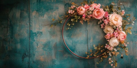 Delicate flower hoop setup with pink blooms on a vintage wall. Keywords include wedding, maternity, photography, and elegance. Ideal for photoshoots and event decorations.