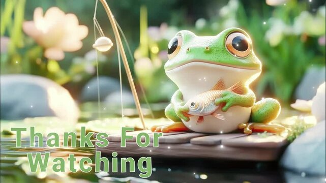 A delightful frog relaxes while holding its catch in serene waters. thanks for watching stream overlay seamless loop Vtuber streamer asset twitch zoom OBS screen animated wallpaper virtual background