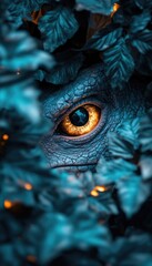 A close-up of a reptilian eye partially hidden among vibrant foliage.