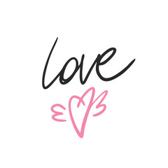 Hand drawn heart illustration. Heart with angel wings, cupid, love. in doodle style. Grunge brush stroke for valentine's day. Vector icon on white background.