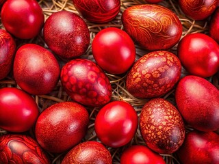 Obraz premium Vibrant Red Easter Eggs Conceptual Photography: Festive Spring Still Life
