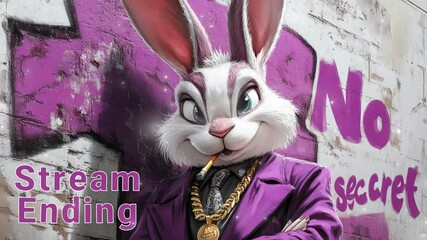A bold rabbit character shines in an urban setting. stream ending overlay seamless loop Vtuber streamer asset twitch zoom OBS screen animated wallpaper virtual background
