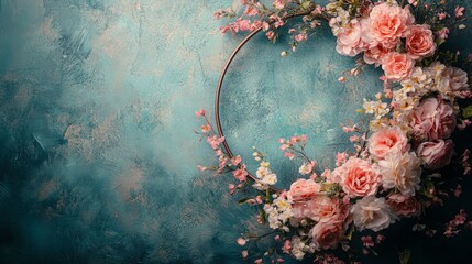 Delicate flower hoop setup with pink blooms on a vintage wall. Keywords include wedding, maternity, photography, and elegance. Ideal for photoshoots and event decorations.