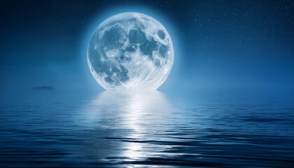 full moon over the ocean with moonlight reflection on water