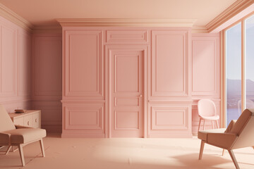 Abstract modern pink scene. Modern home interior with decor, living room in pink color. Neoclassical interior design.