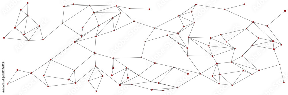 Poster network visualization, red nodes connected by black lines, minimalist composition. geometric pattern