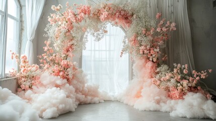 Delicate flower hoop setup with pink blooms on a vintage wall. Keywords include wedding, maternity, photography, and elegance. Ideal for photoshoots and event decorations.