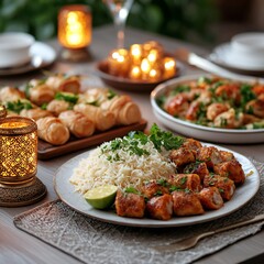 Ramadan Delicious Middle Eastern Dinner Rice Chicken Rolls and Pastries