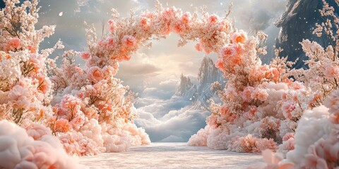 Delicate flower hoop setup with pink blooms on a vintage wall. Keywords include wedding, maternity, photography, and elegance. Ideal for photoshoots and event decorations.