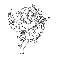 Cute cupid with bow and arrow. Cherub with curly hair. Happy Valentine's day doodle character. children's coloring book. Amour Baby Angel. God of love, Amor on white background. Vector illustration.