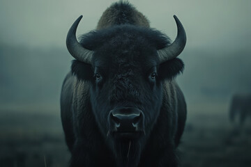 Naklejka premium A close-up of a bison in a misty landscape, showcasing its powerful presence.