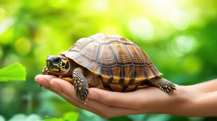Obraz premium A person gently holds a turtle in a lush, green environment.