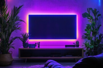 Modern living room, TV screen mockup, neon lights, plants, home entertainment