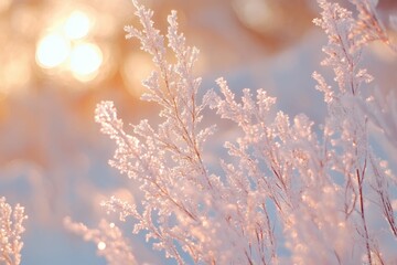 Fototapeta premium Frost-covered plants shimmer, sunlit winter scene.