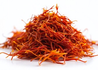 Fototapeta premium Vibrant Saffron Threads, Delicate Texture, Isolated White Background, Macro Photography