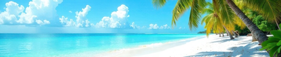 Fototapeta premium Beach with calm turquoise water and white sand, surrounded by tall palm trees, summer, relaxation, freedom