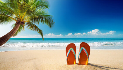 Obraz premium summer holiday background with flip flops and palm tree on sandy beach