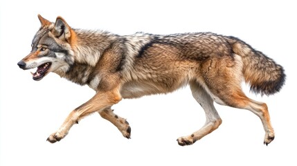 Fototapeta premium A wolf in mid-stride, showcasing its sleek fur and agile movement against a white background.