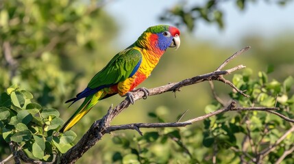 Naklejka premium A vibrant parrot perched on a branch amidst lush greenery.