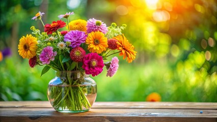 Vibrant Summer Bouquet in Glass Vase on Rustic Wooden Table