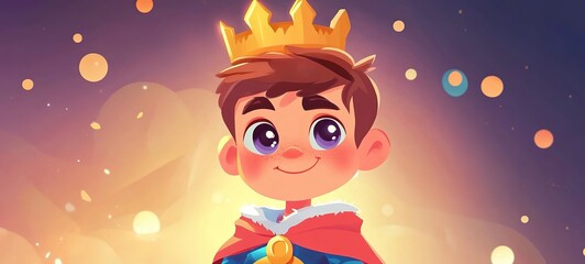 Naklejka premium cute cartoon character design, prince or king wearing gold crown in dreamy fantasy whimsical vibes with glitter glow shiny