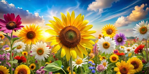 Obraz premium Vibrant Summer Festival Floral Backdrop: Sunflowers, Daisies & Colorful Blooms