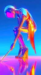 Futuristic Angel in a Chrome Suit, Holding a Shining Silver Sword, Standing Powerfully