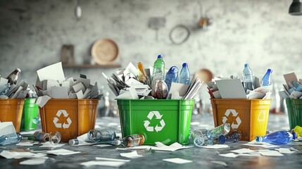 A cluttered recycling area with bins filled with paper and plastic waste.